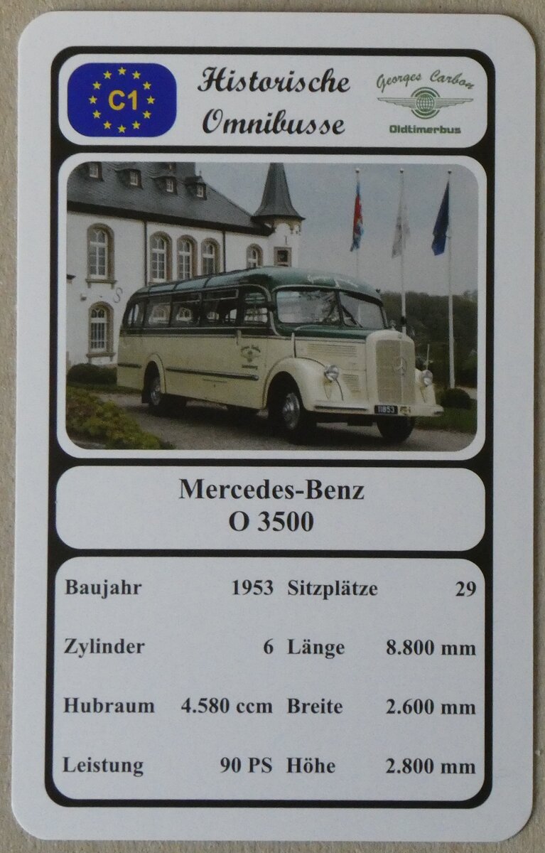 (273'760) - Quartett-Spielkarte mit Mercedes-Benz O 3500 von 1953 am 8. April 2025 in Thun