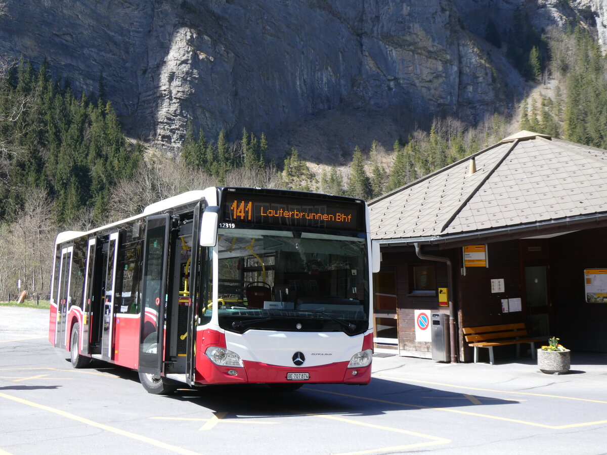 (273'805) - PostAuto Bern - BE 707'874/PID 12'319 - Mercedes (ex Wiener Linien, A-Wien Nr. 8163) am 10. April 2025 in Stechelberg, Hotel