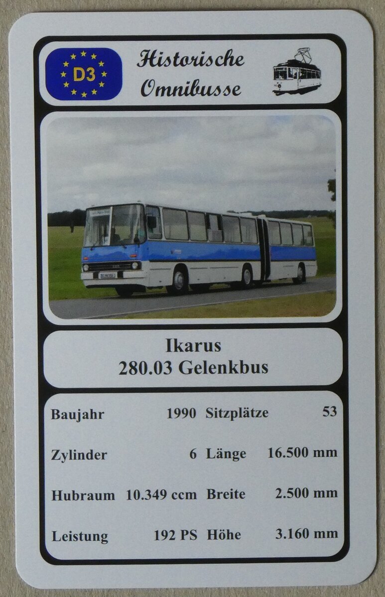 (273'936) - Quartett-Spielkarte mit Ikarus 280.03 Gelenkbus von 1990 am 13. April 2025 in Thun