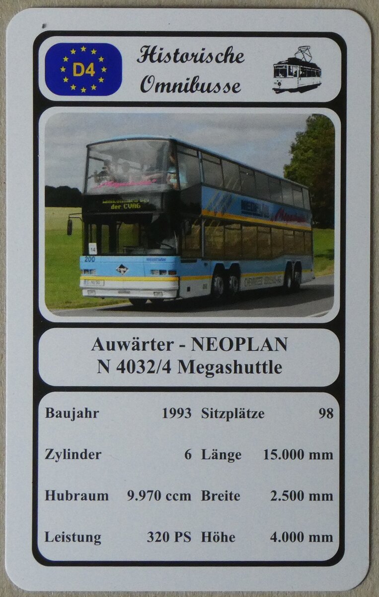 (273'937) - Quartett-Spielkarte mit Auw�rter - NEOPLAN N 4032/4 Megashuttle von 1993 am 13. April 2025 in Thun