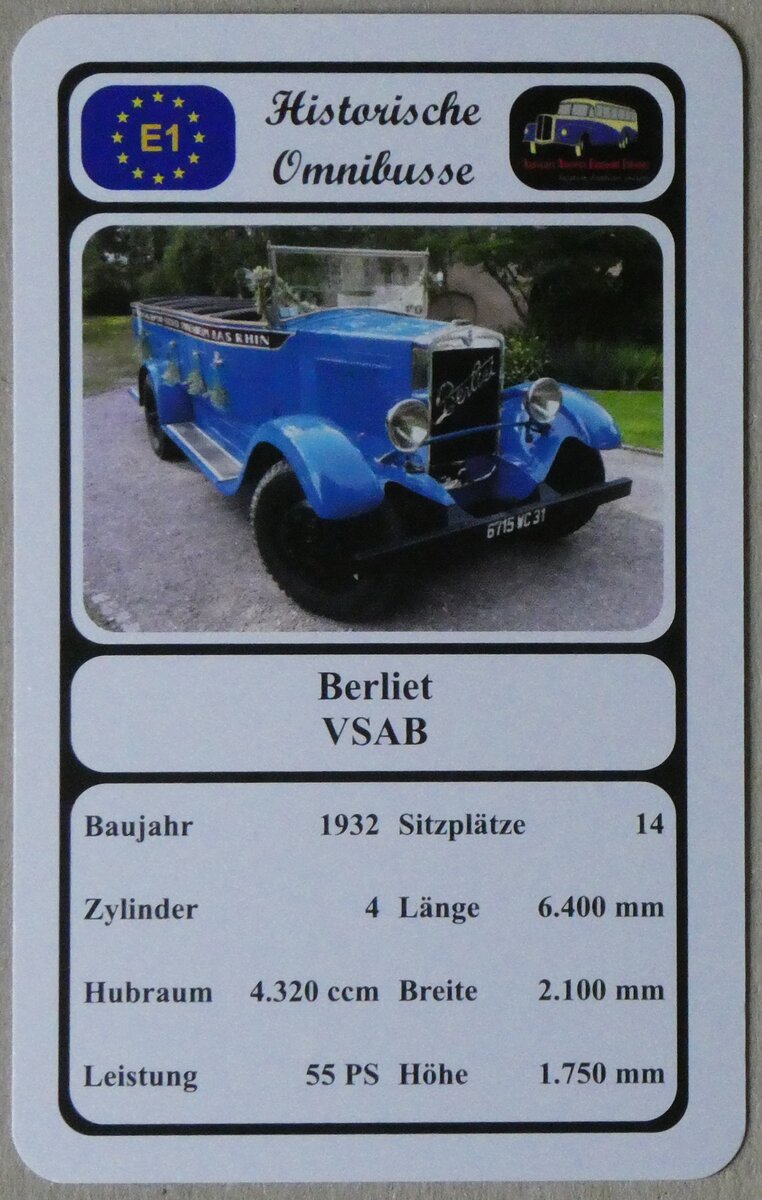 (274'045) - Quartett-Spielkarte mit Berliet VSAB von 1932 am 18. April 2025 in Thun