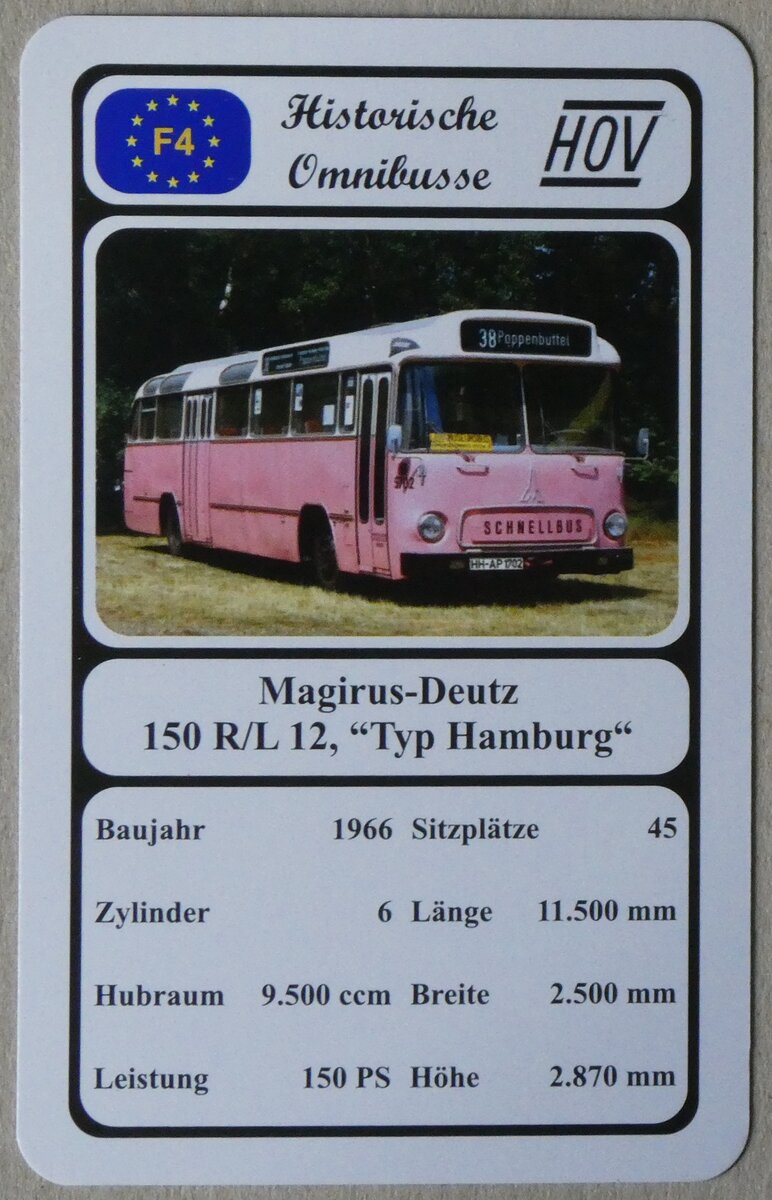 (274'093) - Quartett-Spielkarte mit Magirus-Deutz 150 R/L 12, +Typ Hamburg  von 1966 am 20. April 2025 in Thun