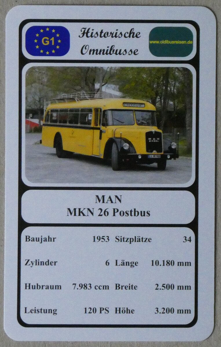 (274'302) - Quartett-Spielkarte mit MAN MKN 26 Postbus von 1953 am 27. April 2025 in Thun