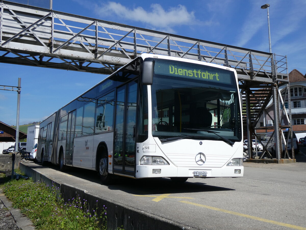 (274'331) - Wieland, Murten - Nr. 123/FR 300'604 - Mercedes (ex Knecht, Windisch Nr. 215; ex Interbus, Yverdon Nr. 215; ex BVB Basel Nr. 794; ex ASN Stadel Nr. 199/PID 4125) am 28. April 2025 beim Bahnhof Langnau