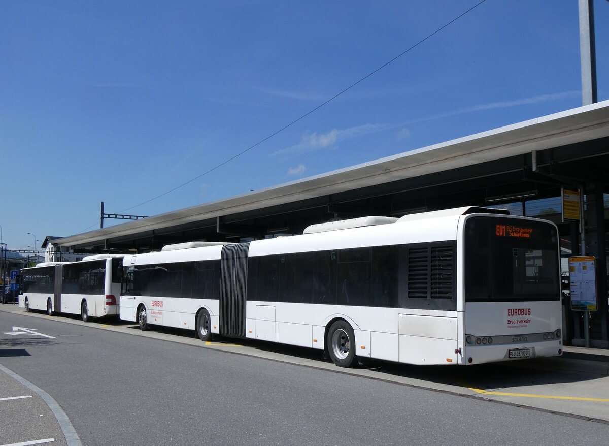 (274'336) - H�fliger, Sursee - Nr. 6/LU 287'024 - Solaris (ex LBB Obertiefenbach, D-Beselich; ex Dahmetal, D-Ratzeburg Nr. 326; ex SVP Pforzheim/D Nr. 217) am 28. April 2025 beim Bahnhof Sch�pfheim