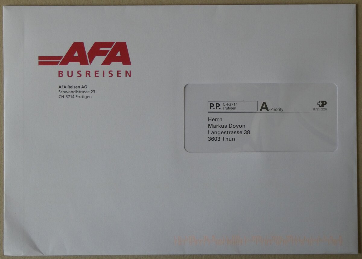 (274'380) - AFA-Briefumschlag vom 29. April 2025 am 30. April 2025 in Thun