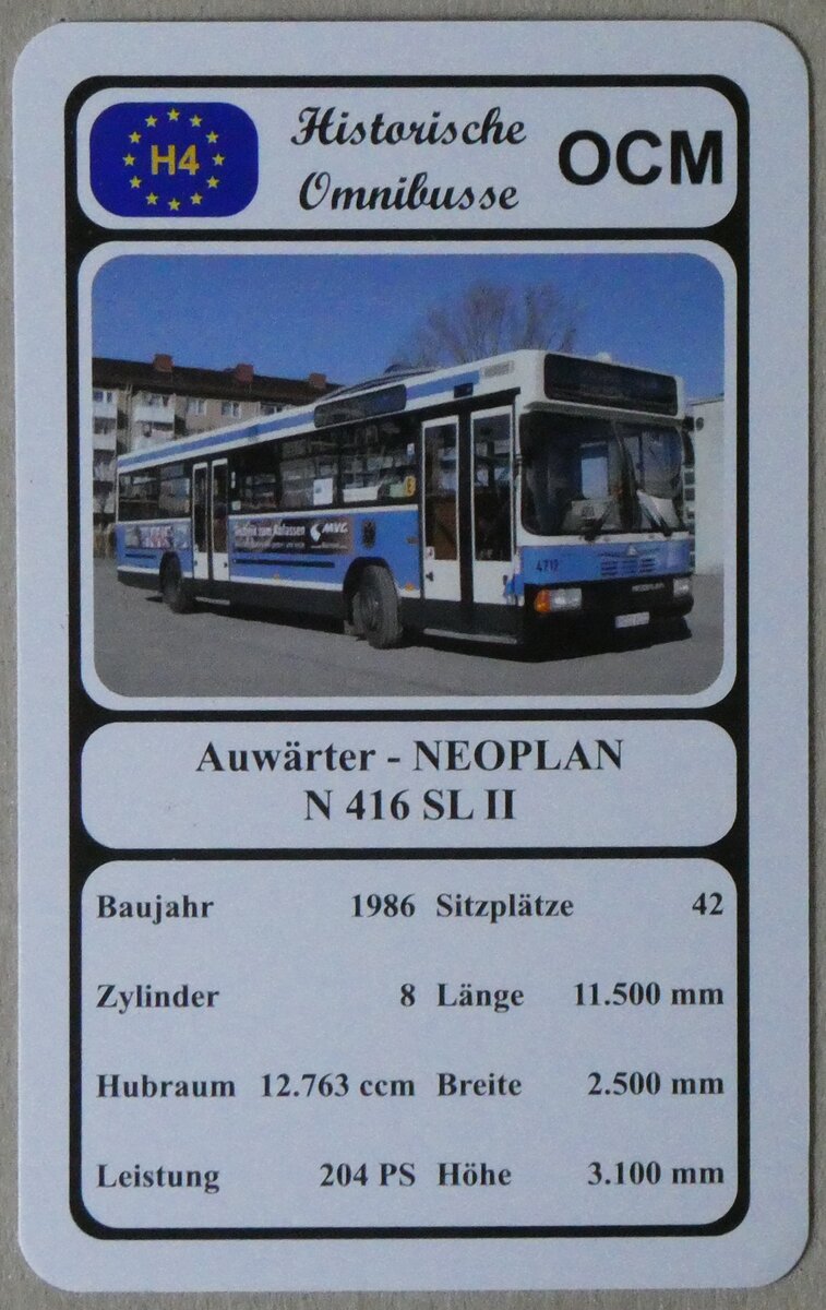 (274'650) - Quartett-Spielkarte mit Auw�rter - NEOPLAN N 416 SL II von 1986 am 4. Mai 2025 in Thun