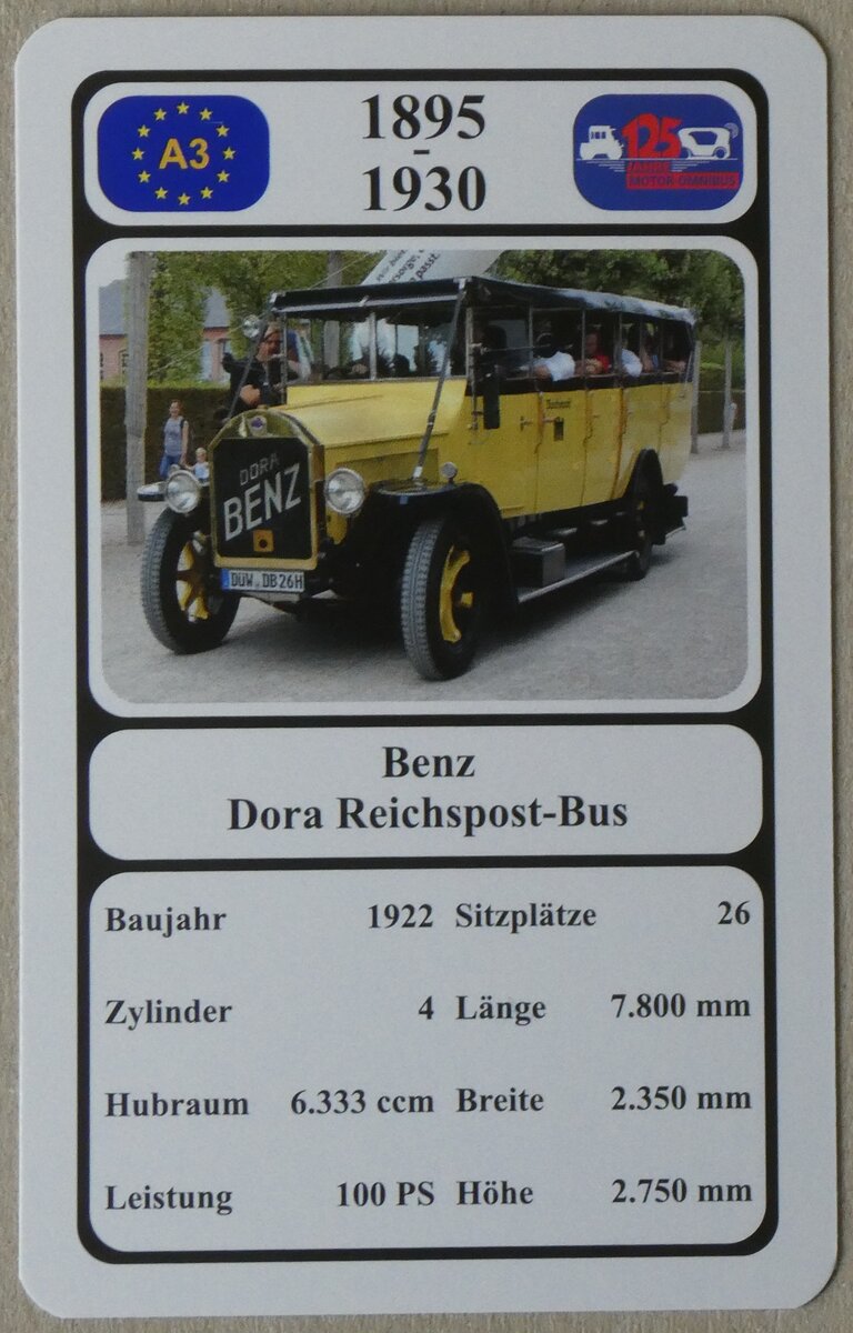 (275'548) - Quartett-Spielkarte mit Benz Dora Reichspost-Bus von 1922 am 12. Mai 2025 in Thun