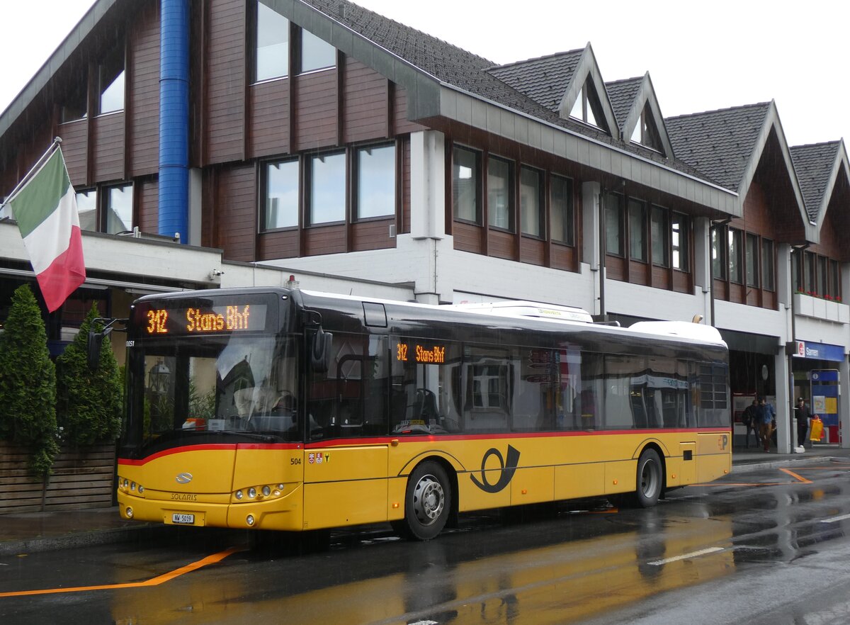 (275'758) - PostAuto Zentralschweiz - Nr. 504/NW 5019/PID 10'051 - Solaris (ex Nr. 54; ex Thepra, Stans Nr. 19) am 23. Mai 2025 beim Bahnhof Sarnen