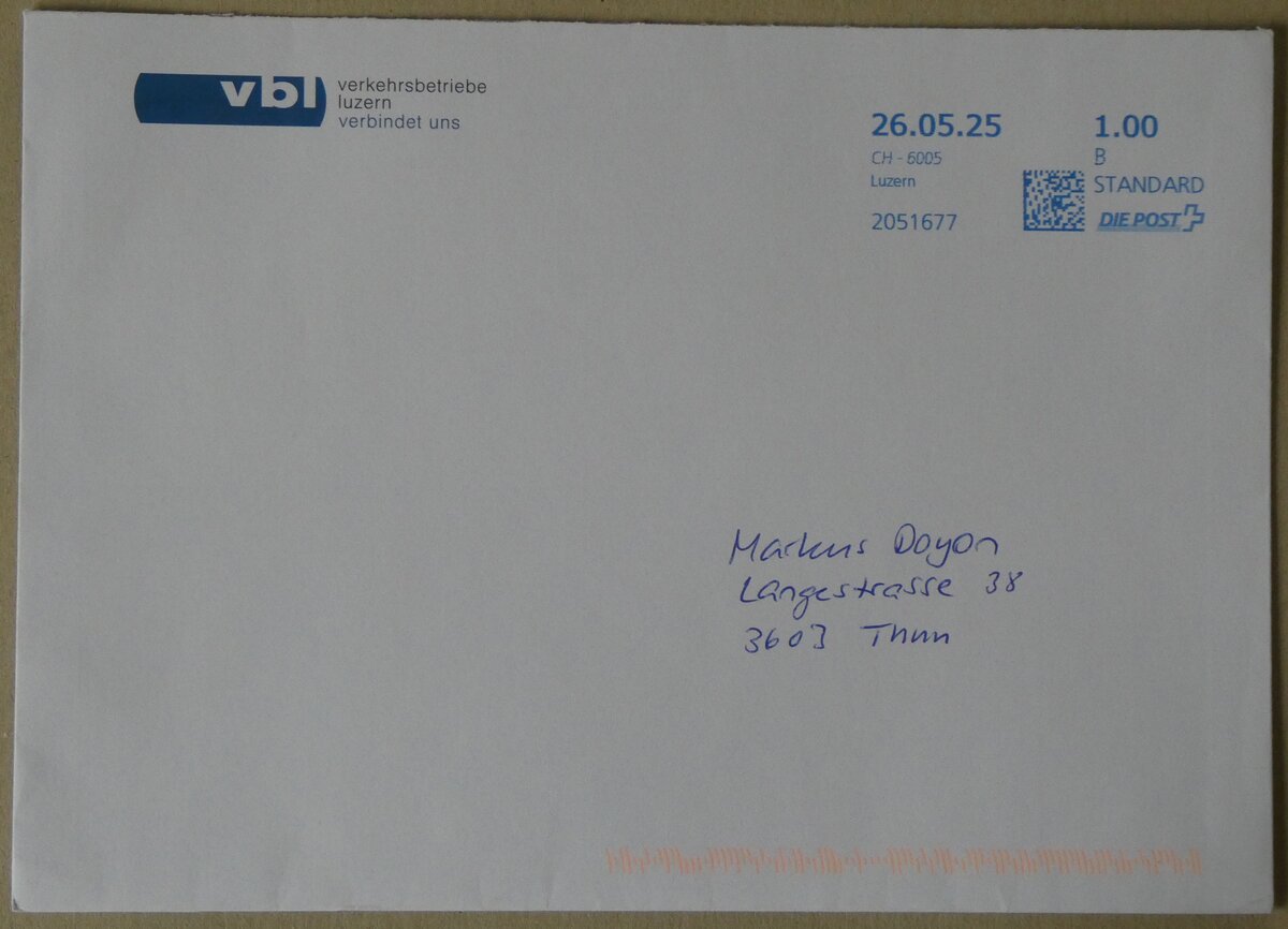 (276'205) - vbl-Briefumschlag vom 26. Mai 2025 am 2. Juni 2025 in Thun