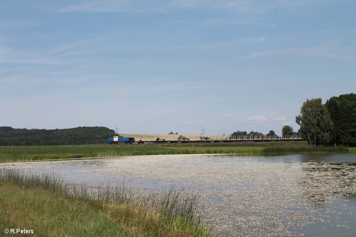 277 005 zieht den leeren Holzzug Wiesau - Cheb bei Oberteich. 21.06.17