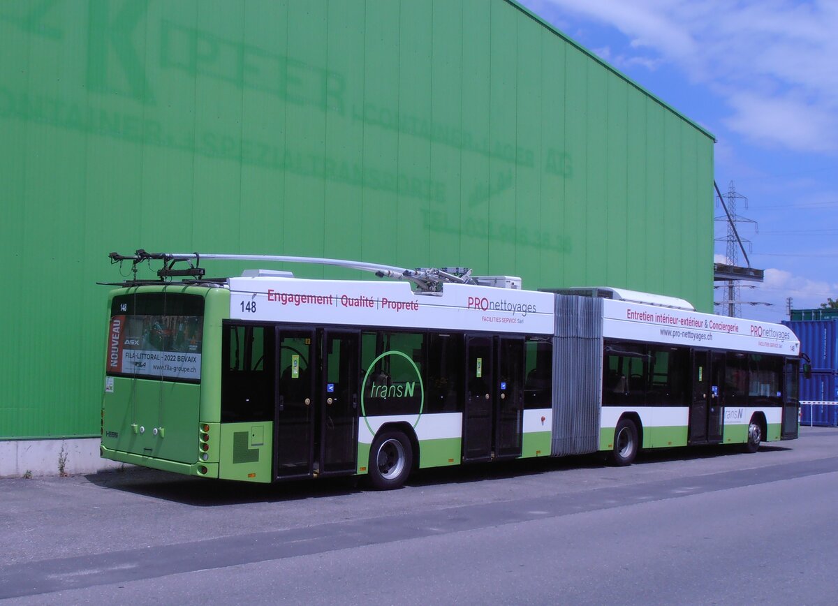 (277'595) - transN, La Chaux-de-Fonds - Nr. 148 - Hess/Hess Gelenktrolleybus (ex TN Neuch�tel Nr. 148) am 5. Juli 2025 in Kerzer, Interbus