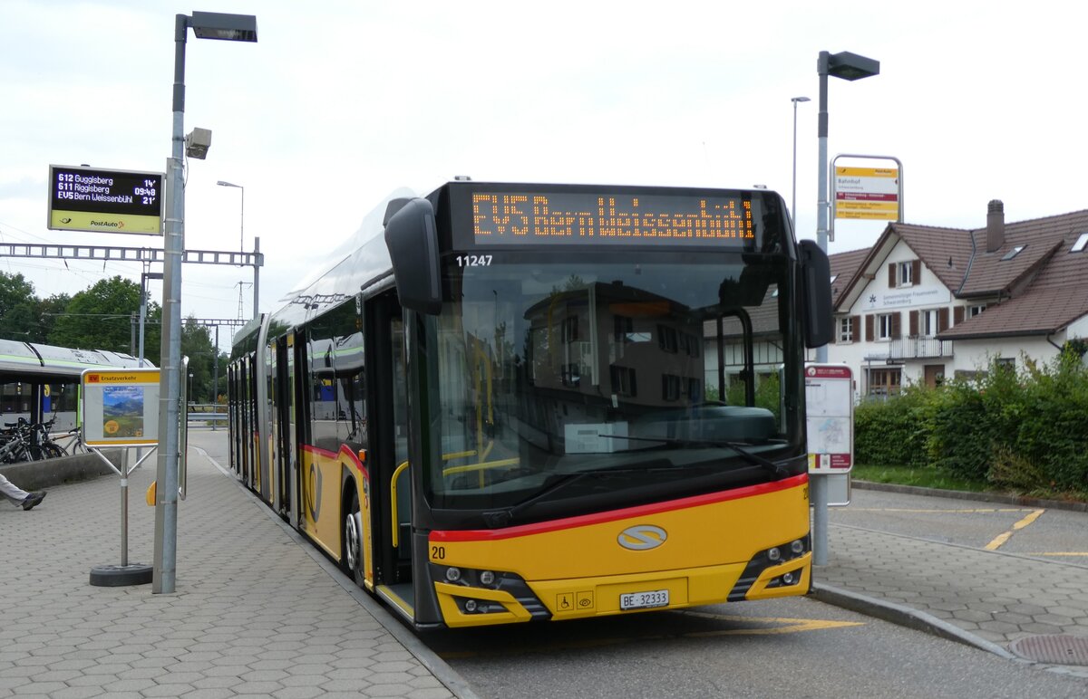 (278'045) - Steiner, Ortschwaben - Nr. 20/BE 32'333/PID 11'247 - Solaris am 26. Juli 2025 beim Bahnhof Schwarzenburg