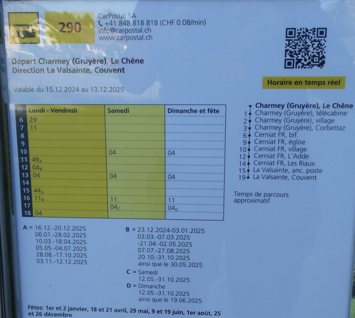 (278'586) - PostAuto-Fahrplan ab Charmey, Le Ch�ne nach Valsainte, Couvent am 7. August 2025 in Charmey, Le Ch�ne