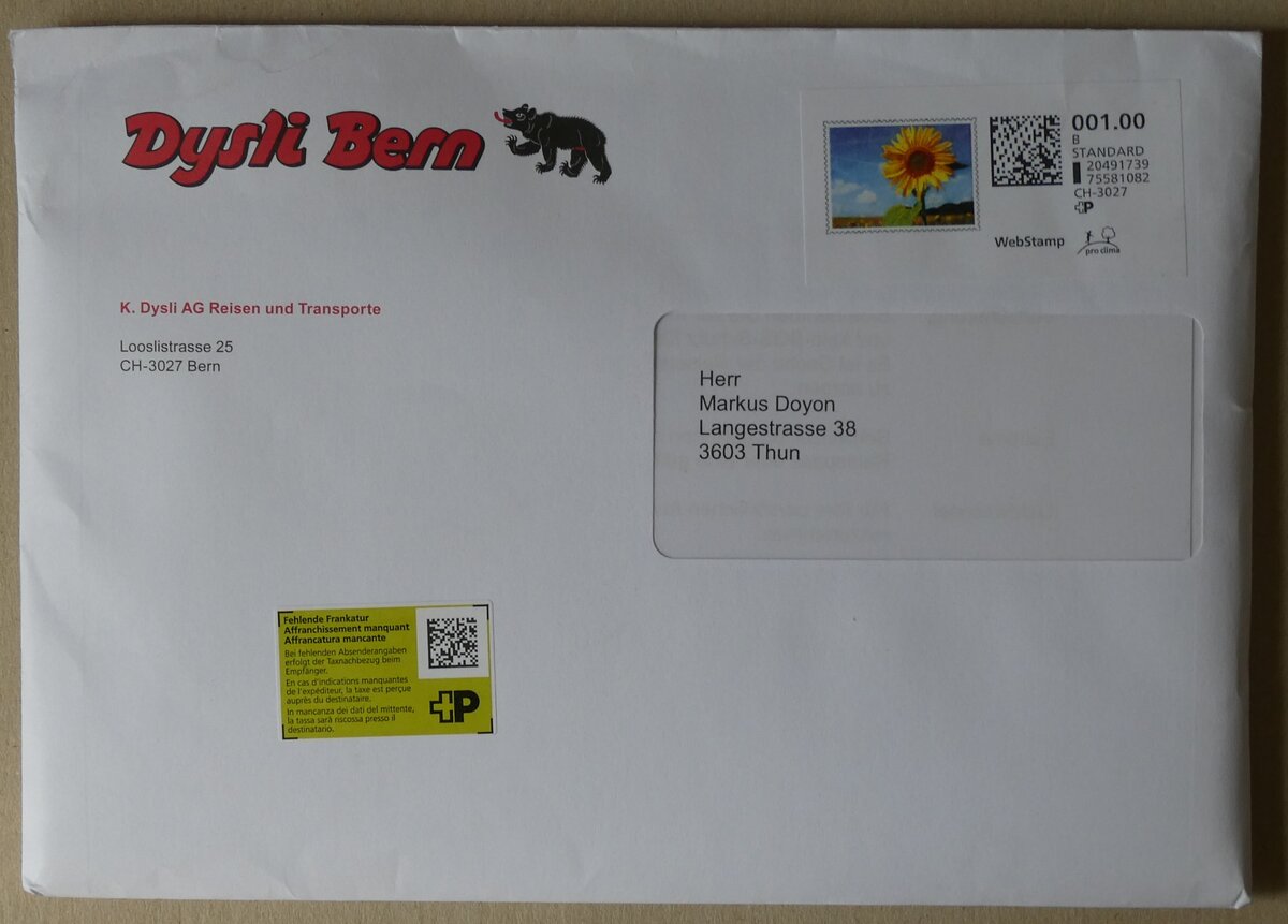 (278'818) - Dysli-Briefumschlag vom 6. August 2025 am 13. August 2025 in Thun