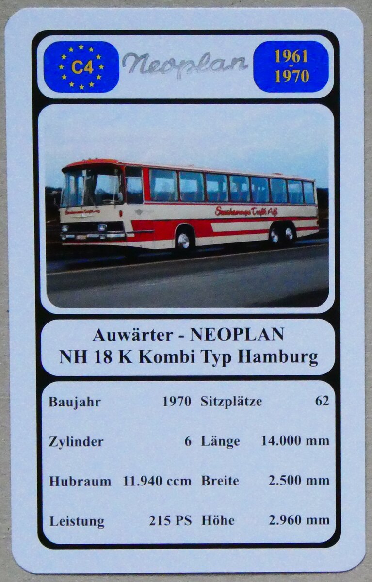 (279'130) - Quartett-Spielkarte mit Auw�rter - NEOPLAN NH 18 K Kombi Typ Hamburg von 1970 am 17. August 2025 in Thun