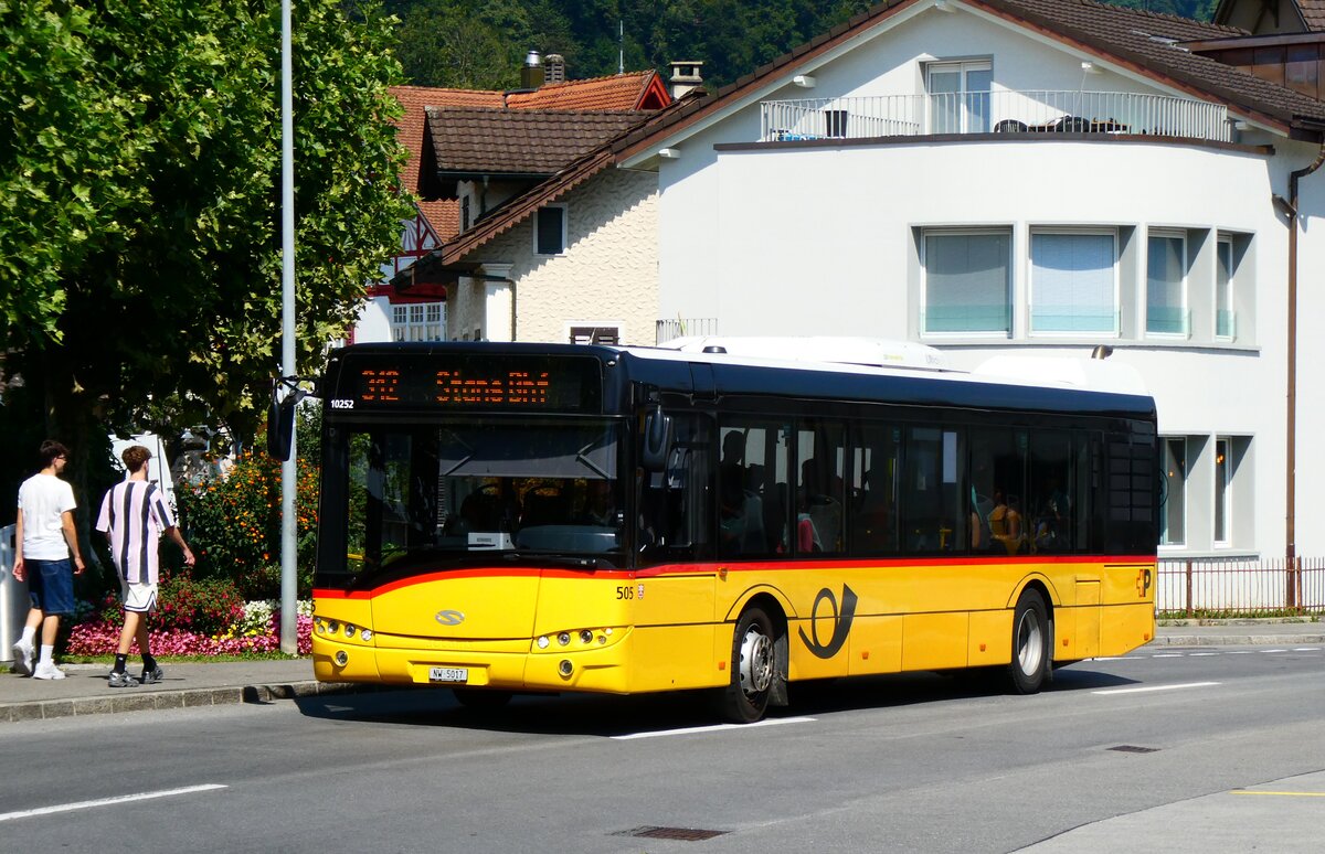 (279'209) - PostAuto Zentralschweiz - Nr. 505/NW 5017/PID 10'252 - Solaris (ex Nr. 55; ex Thepra, Stans Nr. 25) am 19. August 2025 beim Bahnhof Sarnen
