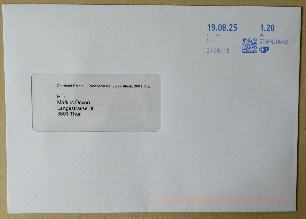 (279'239) - Oberland Reisen-Briefumschlag vom 19. August 2025 am 20. August 2025 in Thun (mit der Mitteilung, dass die STI Service AG nach r�ckl�ufiger Nachfrage ihr Carreisegesch�ft unter der Marke Oberland Reisen Ende 2025 schliesst.)