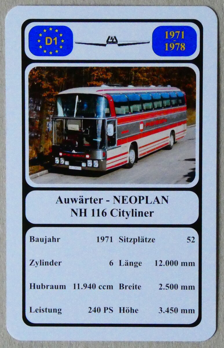 (279'332) - Quartett-Spielkarte mit Auw�rter - NEOPLAN NH 116 Cityliner von 1971 am 24. August 2025 in Thun