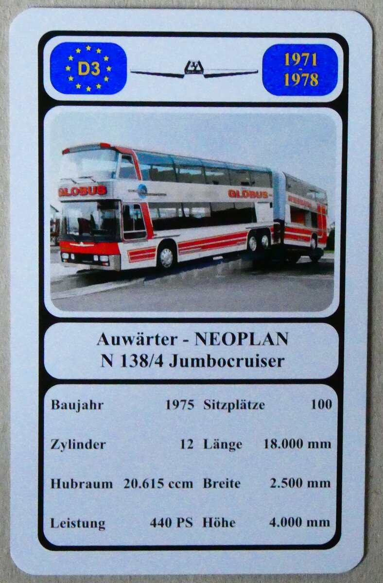 (279'334) - Quartett-Spielkarte mit Auw�rter - NEOPLAN N 138/4 Jumbocruiser von 1975 am 24. August 2025 in Thun