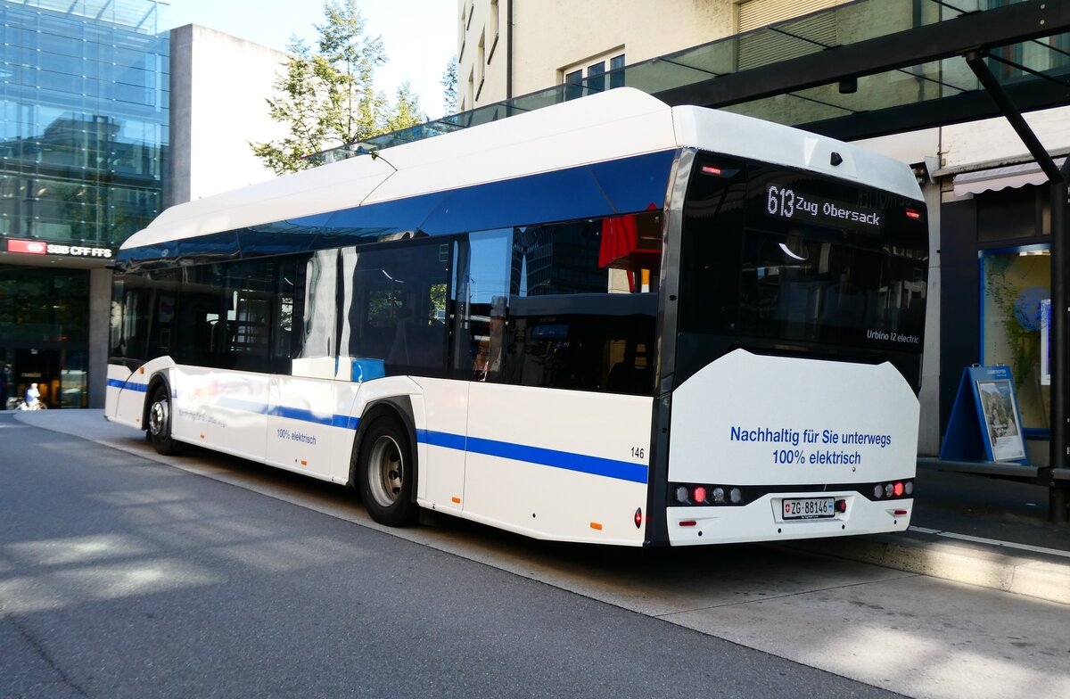 (279'417) - ZVB Zug - Nr. 146/ZG 88'146 - eSolaris am 26. August 2025 beim Bahnhof Zug