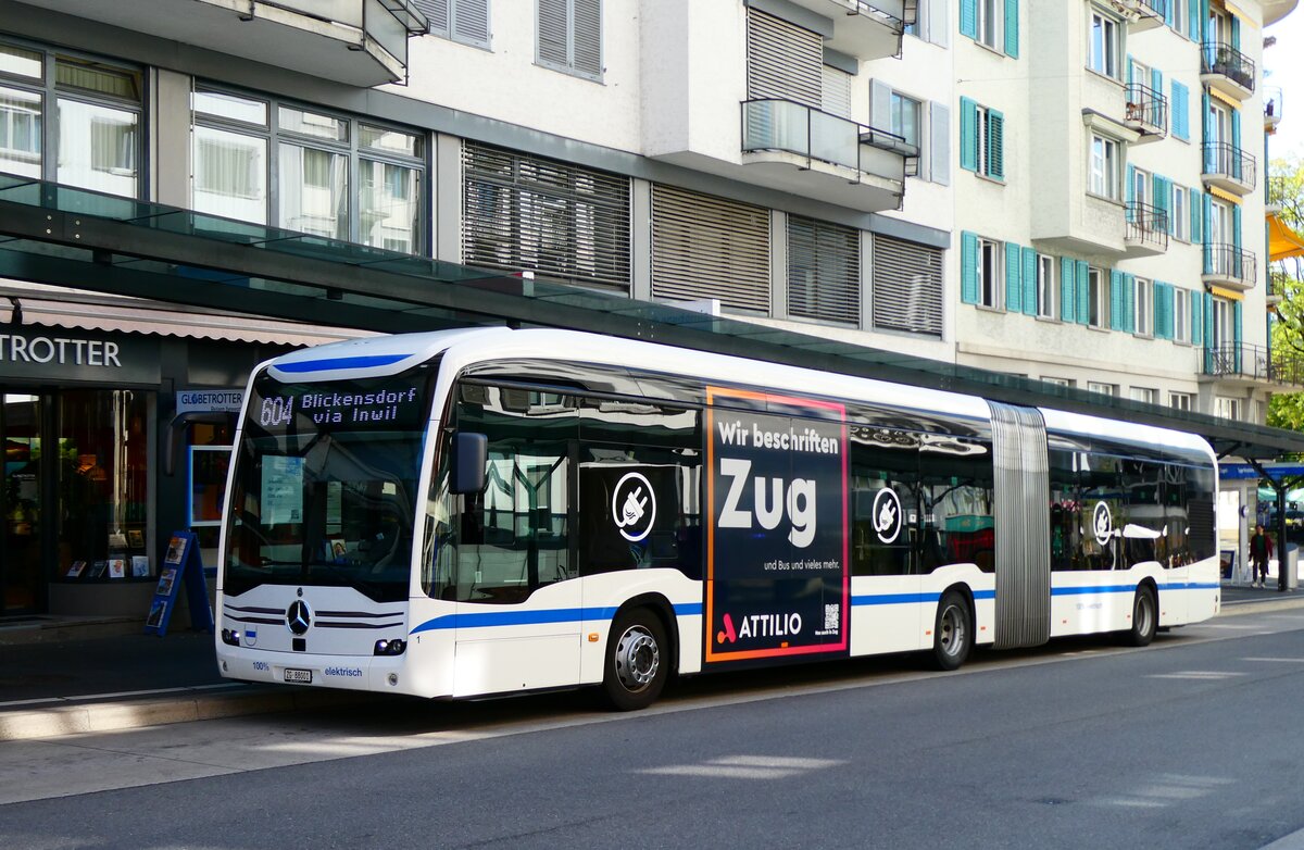 (279'419) - ZVB Zug - Nr. 1/ZG 88'001 - eMercedes am 26. August 2025 beim Bahnhof Zug