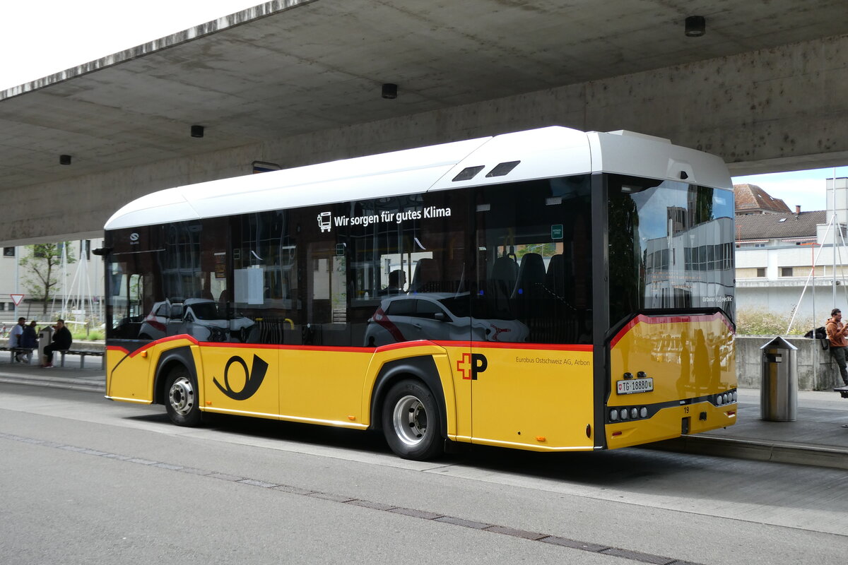 (279'565) - Eurobus, Arbon - Nr. 19/TG 18'880/PID 11'795 - eSolaris (ex Mattli, Wassen; ex PostAuto Bern BE 90'275; ex PostAuto Bern BE 610'546) am 29. August 2025 in Arbon, Bushof
