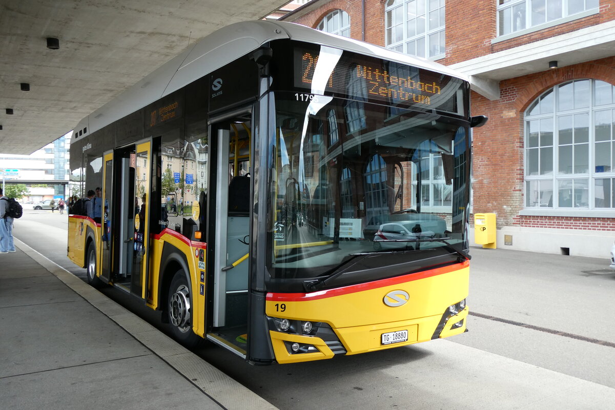 (279'567) - Eurobus, Arbon - Nr. 19/TG 18'880/PID 11'795 - eSolaris (ex Mattli, Wassen; ex PostAuto Bern BE 90'275; ex PostAuto Bern BE 610'546) am 29. August 2025 in Arbon, Bushof