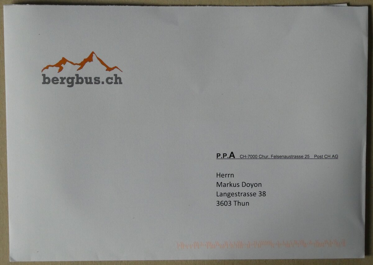 (279'784) - Bergbus-Briefumschlag vom 25. August 2025 am 31. August 2025 in Thun