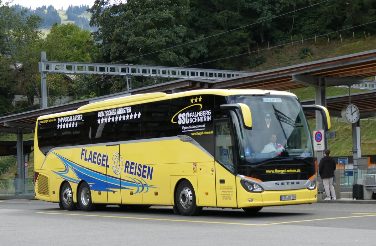 (279'904) - Aus Deutschland: Flaegel, Gadebusch - GDB-UB 588 - Setra am 5. September 2025 beim Bahnhof Gstaad