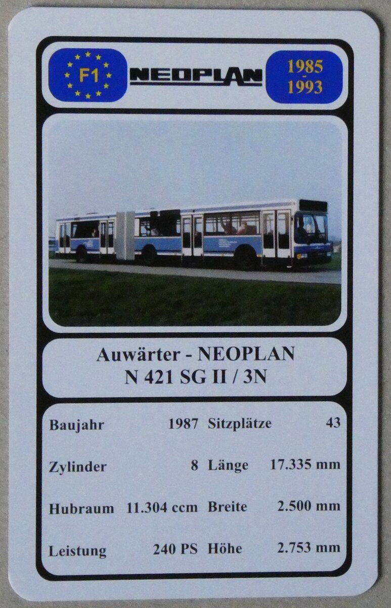 (280'033) - Quartett-Spielkarte mit Auw�rter - NEOPLAN N 421 SG II / 3N von 1987 am 7. September 2025 in Thun
