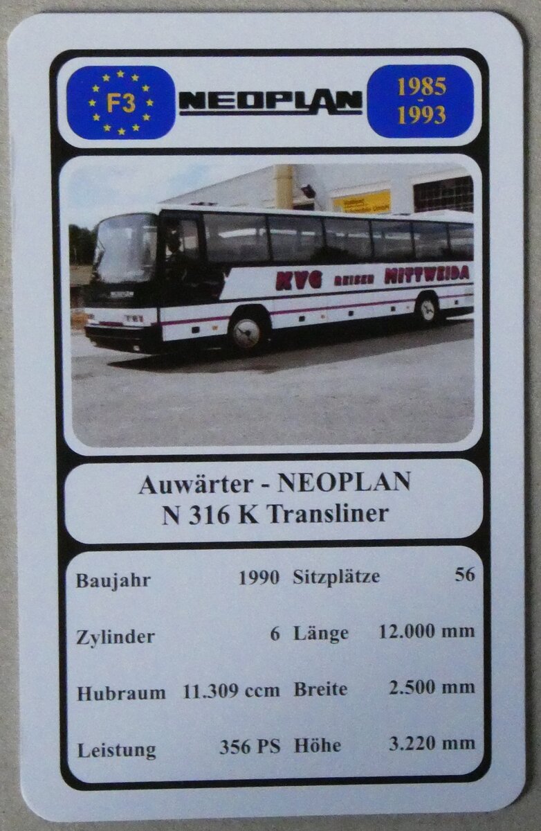 (280'035) - Quartett-Spielkarte mit Auw�rter - NEOPLAN N 316 K Transliner von 1990 am 7. September 2025 in Thun