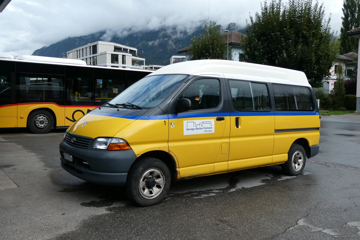 (280'185) - Fontana, Ilanz - Nr. 1/FR 233 U - Toyota (ex PostAuto Graub�nden/PID 3401; ex Gemeinde, Duvin( am 9. September 2025 in Ilanz, Garage (Werkstattwagen)