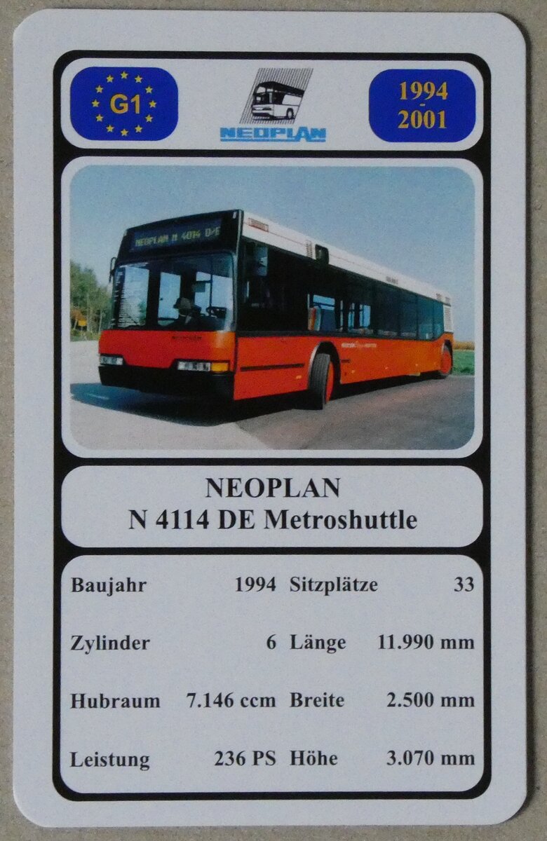(280'411) - Quartett-Spielkarte mit NEOPLAN N 4114 DE Metroshuttle von 1994 am 14. September 2025 in Thun