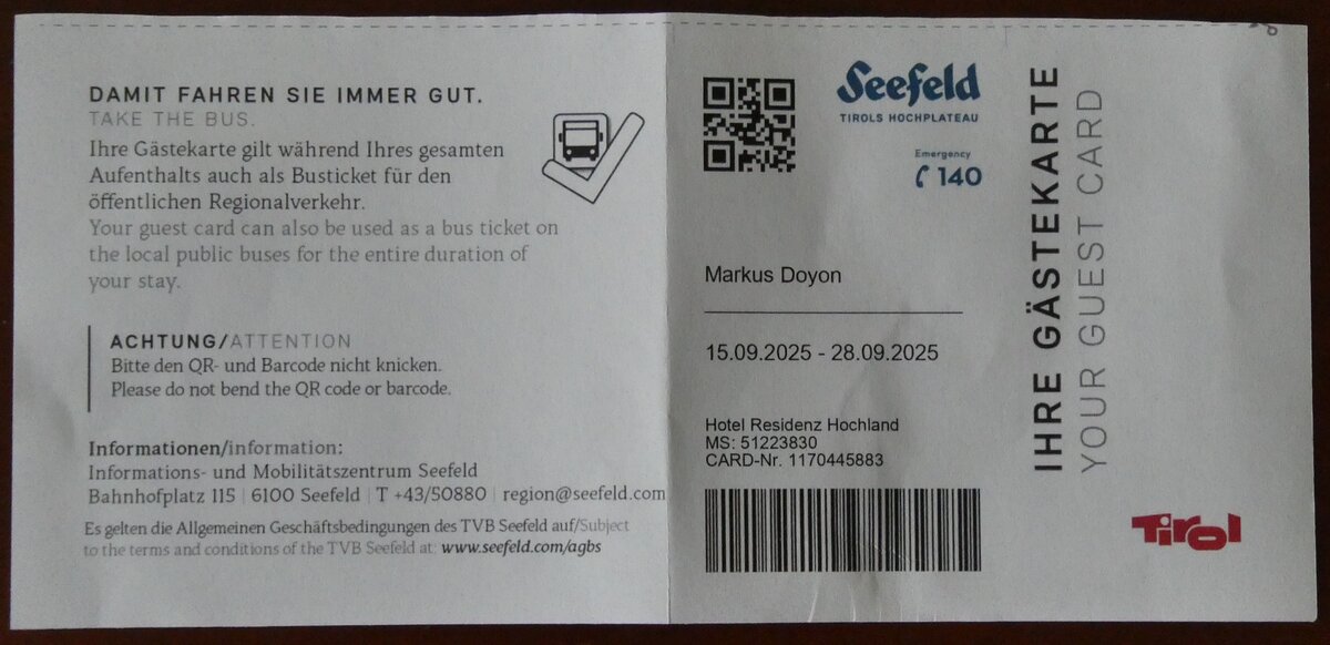 (280'426) - G�stekarte von Seefeld i.T. am 16. September 2025 in Seefeld, Hotel Hochland