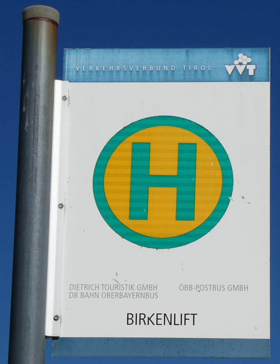 (280'618) - DIETRICH-TOURISTIK/DB/�BB-POWTBUS- Haltestellenschild - Seefeld, Birkenlift - am 20. September 2025