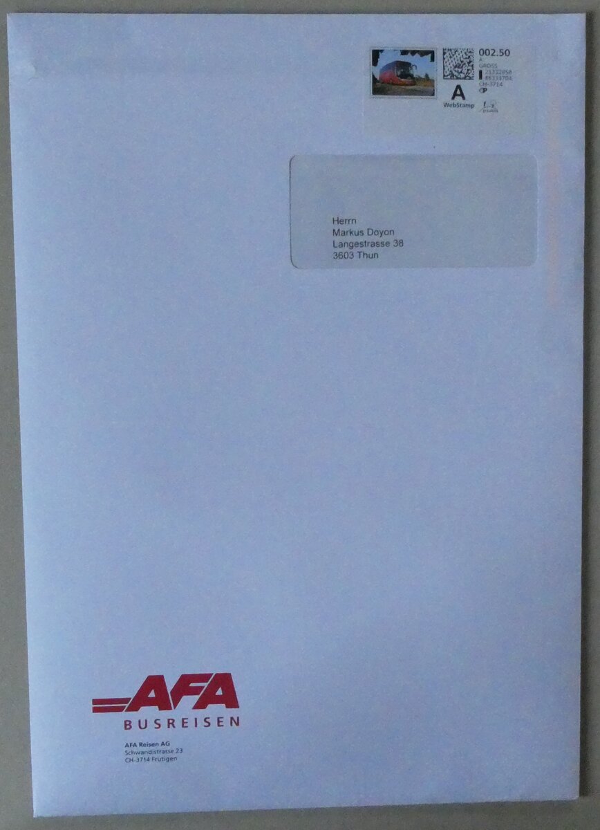 (281'884) - AFA-Briefumschlag vom 22. Oktober 2025 am 29. Oktober 2025 in Thun