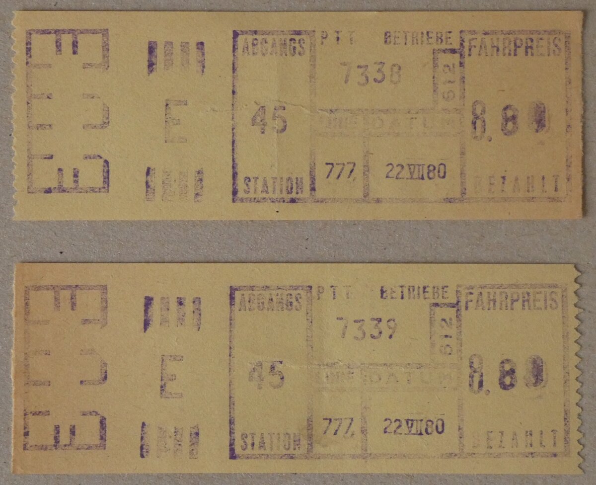 (282'497) - PTT-Einzelbillette vom 22. Juli 1980 am 19. November 2025 in Thun