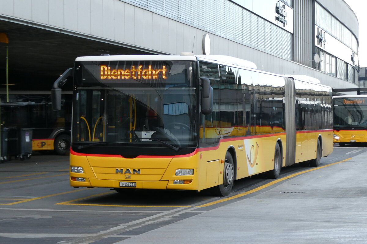 (283'361) - PostAuto Ostschweiz - TG 158'213/PID 4818 - MAN (ex PostAuto Graub�nden; ex PostAuto Ostschweiz SZ 68'458; ex PostAuto Ostschweiz SZ 44'040; ex Kistler, Reichenburg) am 20. Dezember 2025 in Bern, Postautostation