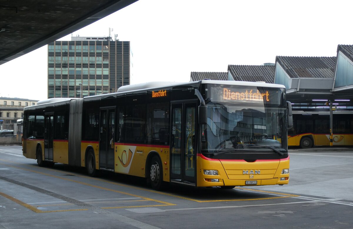 (283'362) - PostAuto Ostschweiz - TG 158'213/PID 4818 - MAN (ex PostAuto Graub�nden; ex PostAuto Ostschweiz SZ 68'458; ex PostAuto Ostschweiz SZ 44'040; ex Kistler, Reichenburg) am 20. Dezember 2025 in Bern, Postautostation
