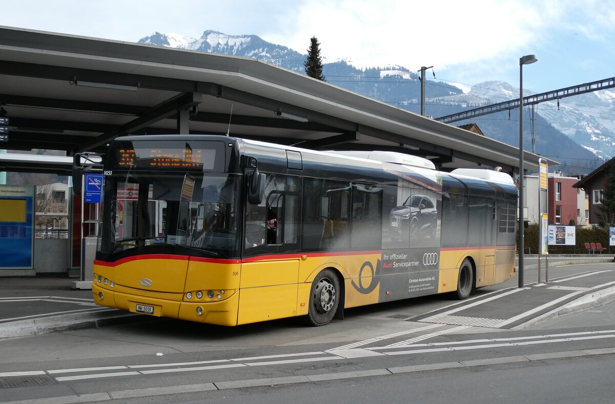 (284'608) - PostAuto Zentralschweiz - Nr. 506/NW 5018/PID 10'253 - Solaris (ex Nr. 56; ex Nr. 26; ex Thepra, Stans Nr. 26) am 3. Februar 2026 beim Bahnhof Sarnen
