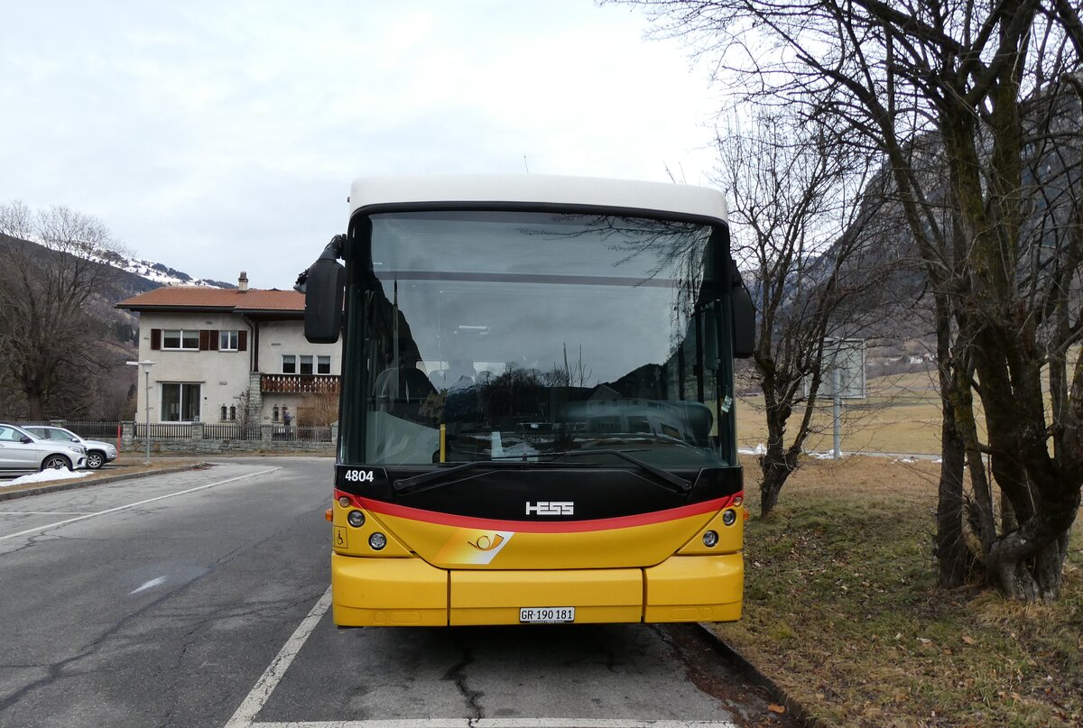 (284'635) - Gaudenz, Andeer - GR 190'181/PID 4804 - Scania/Hess (ex GR 1866; ex GR 163'715; ex Stutz, Jonen; ex PostAuto Bern; ex AVG Meiringen Nr. 67; ex AVG Meiringen Nr. 76; ex Steiner, Messen) am 6. Februar 2026 in Andeer, Parkplatz