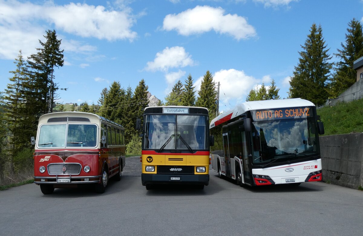 (286'900) - Dysli, Bern - Nr. 18/BE 17'120 - FBW/FHS (ex P 23'211; ex P 21'011) + Ruklic, Schaffhausen - SH 31'376 - NAW/Hess (ex AVG Meiringen Nr. 68/PID 964) + AAGS Schwyz - Nr. 6/SZ 5006 - eSolaris am 9. Mai 2026 in Ibergeregg, Passh�he