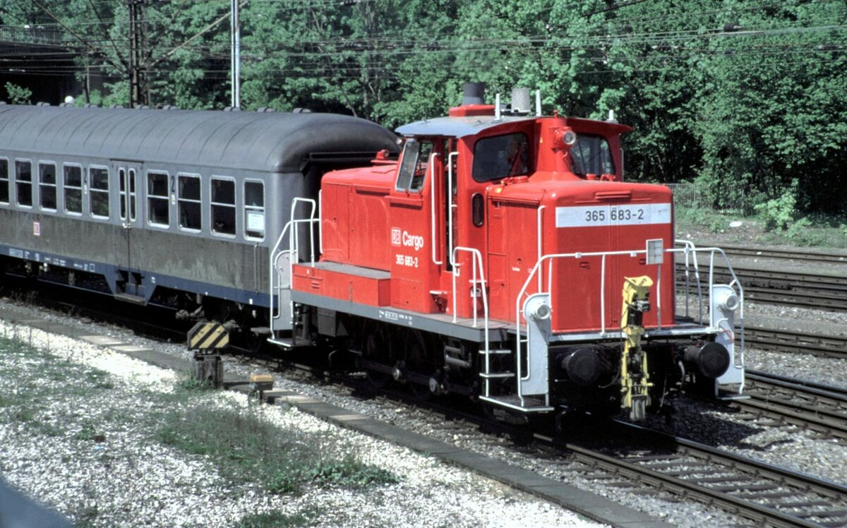 365 683-2 Cargo Lok mit Silberling beim Rangieren in Ulm am 11.05.1998.