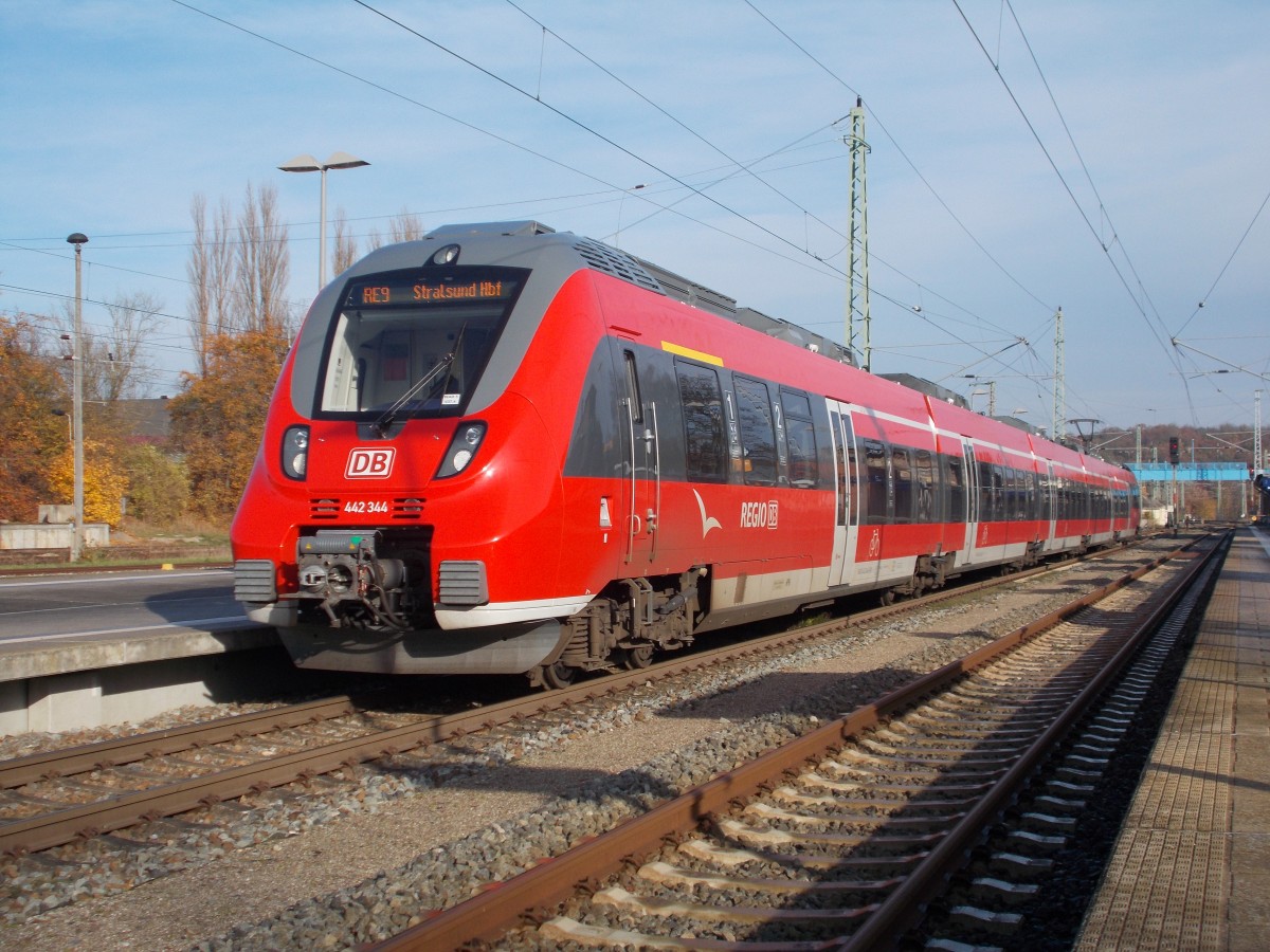 442 344 war den ganzen 09.November 2014 nur zwischen Bergen/Rügen und Stralsund und zurück im Einsatz.Hier bei einer Pause in Bergen/Rügen.