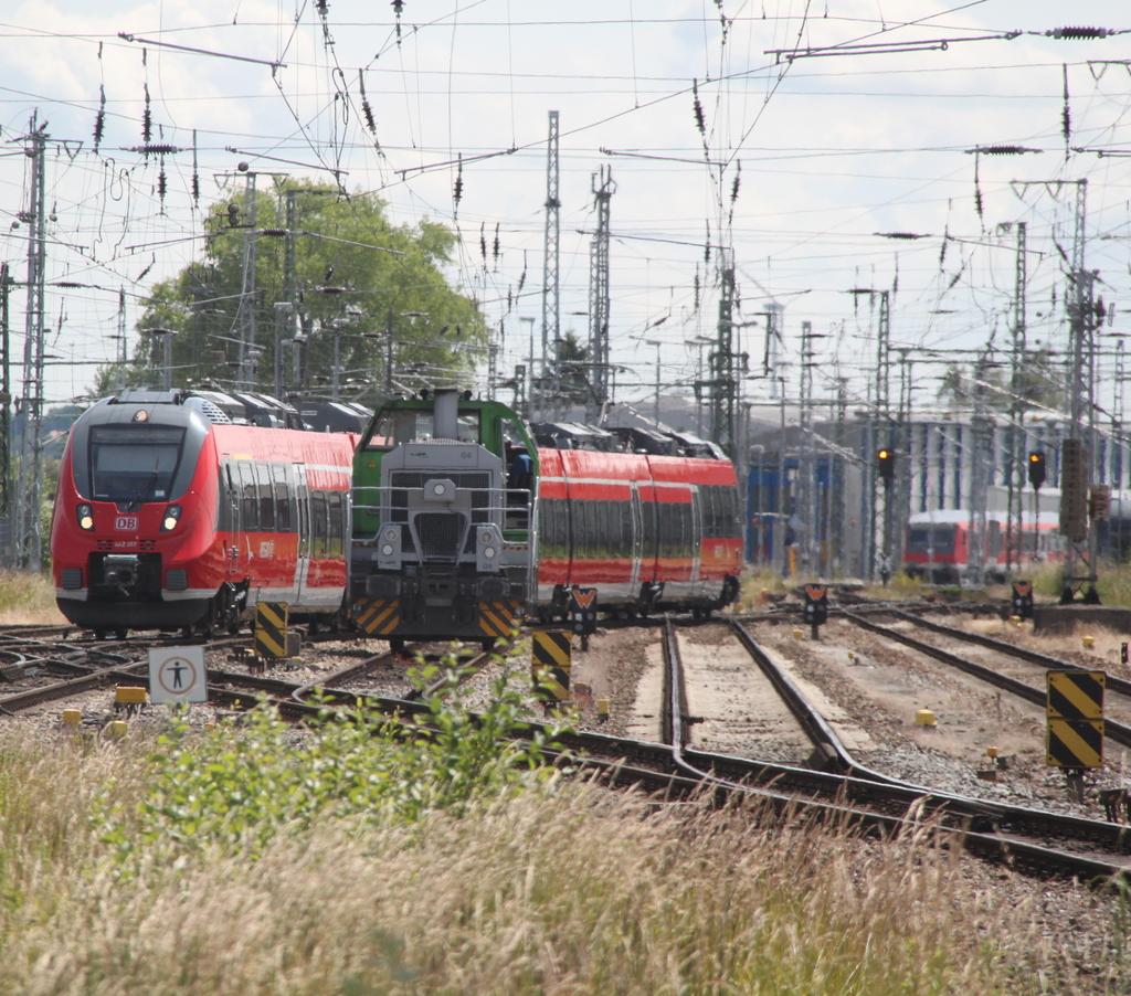 442 350-0 als S3(Gstrow-Warnemnde)bei der Einfahrt im Rostocker Hbf neben stand die Rostocker G6(650 114-8)arbeitslos rum.26.06.2015