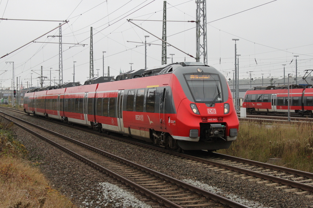 442 843 als DB-Dienstfahrt bei der Ausfahrt im Rostocker Hbf.31.10.2016