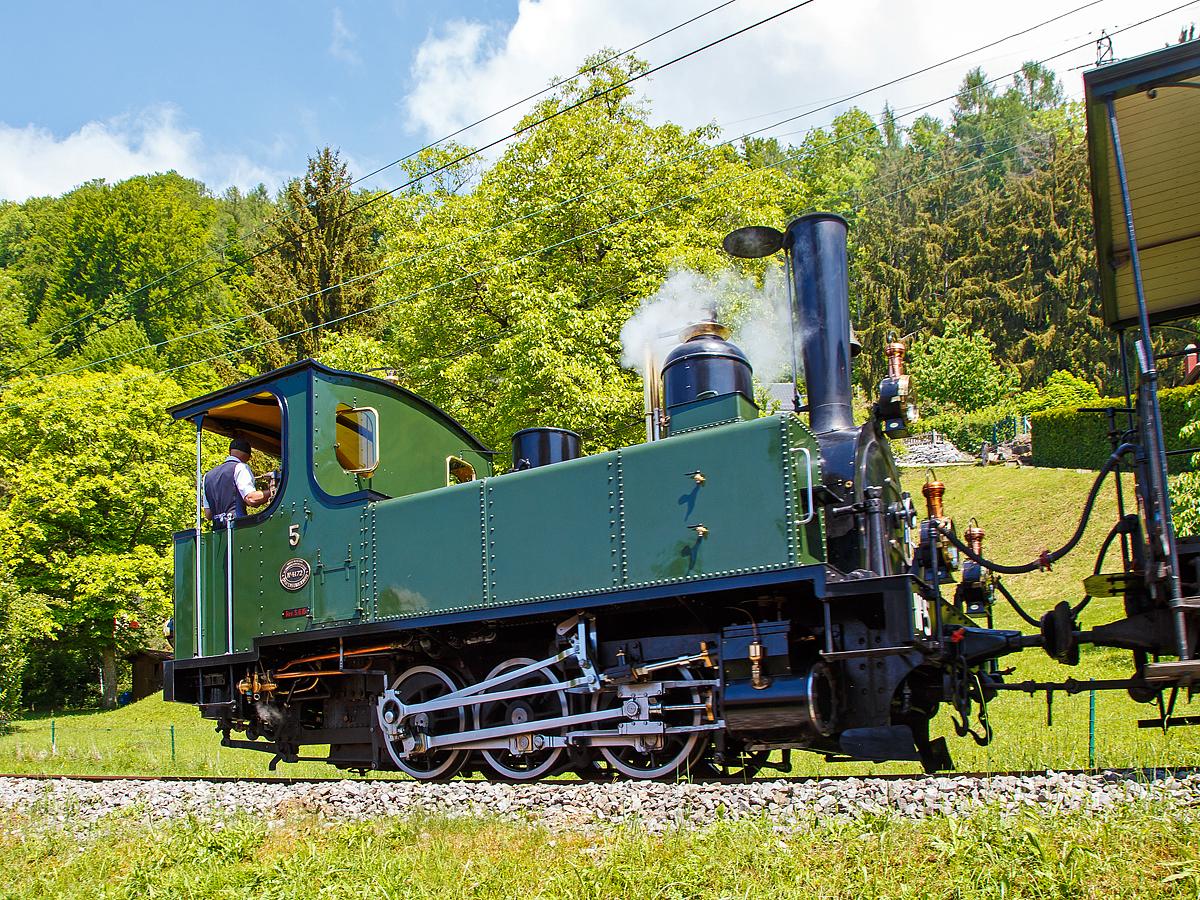 50 Jahre BC - MEGA STEAM FESTIVAL der Museumsbahn Blonay–Chamby:
Die G 3/3 LEB N 5   Bercher  fhrt am 19.05.2018 mit ihrem Zug vom Museum Chamby wieder hinunter nach Blonay, hier erreicht bald Blonay.

Die ex LEB Nr. 5   Bercher  (Lausanne–Echallens–Bercher-Bahn) wurde 1890 von der Elsssische Maschinenbau-Gesellschaft Grafenstaden (spter Socit Alsacienne de Constructions Mcaniques) unter der Fabriknummer 4172 gebaut und an die Lausanne–Echallens–Bercher-Bahn geliefert. Im Jahr 1934 wird sie dann an die Baustelle der Staumauer Grande-Dixence verkauft, diese verlsst sie aber 1939 und geht nach Vorarlberg in sterreich. 1967 schlitterte sie in einem Kindergarten in Feldkirch und dort wurden sie von Mitgliedern von Blonay-Chamby gefunden und kam 1973, im Tausch gegen eine andere Dampfmaschine, zur Museumsbahn Blonay–Chamby.

Die Lausanne–Echallens–Bercher-Bahn, abgekrzt LEB, franzsisch Chemin de fer Lausanne–Echallens–Bercher, ist eine meterspurige Privatbahn. Die knapp 24 Kilometer lange Strecke fhrt vom Stadtzentrum von Lausanne (Flon) durch die nrdlichen Vororte und weiter nach Echallens und Bercher im Gros de Vaud, dem Waadtlnder Hinterland. Die LEB ist eine moderne Vorortbahn, die in Lausanne teilweise unterirdisch verkehrt. Die Zge fahren alle 30 Minuten (zwischen Echallens und Bercher gibt es einige wenige Taktlcken am Vormittag). Werktags wird ein Viertelstundentakt bis Cheseaux angeboten. Von Montag bis Freitag verkehren in Lastrichtung einige beschleunigte Hauptverkehrszge. 

TECHNISCHE DATEN der LEB G 3/3 N 5  Bercher :
Baujahr:  1890
Spurweite: 1.000 mm
Achsformel: C
Lnge ber Puffer: 6.830 mm
Achsabstand: 1.800 mm (950mm / 850 mm)
Dienstgewicht: 20,4 t
Anzahl der Zylinder: 2
Zylindergre:  270 mm x 370 mm Kolbenhub
Treibraddurchmesser:  810 mm
Hchstgeschwindigkeit.:  25 km/h
Kesselberdruck:  12 bar
Kohlevorrat: 0,8 t
Wasservorrat: 2,2 m