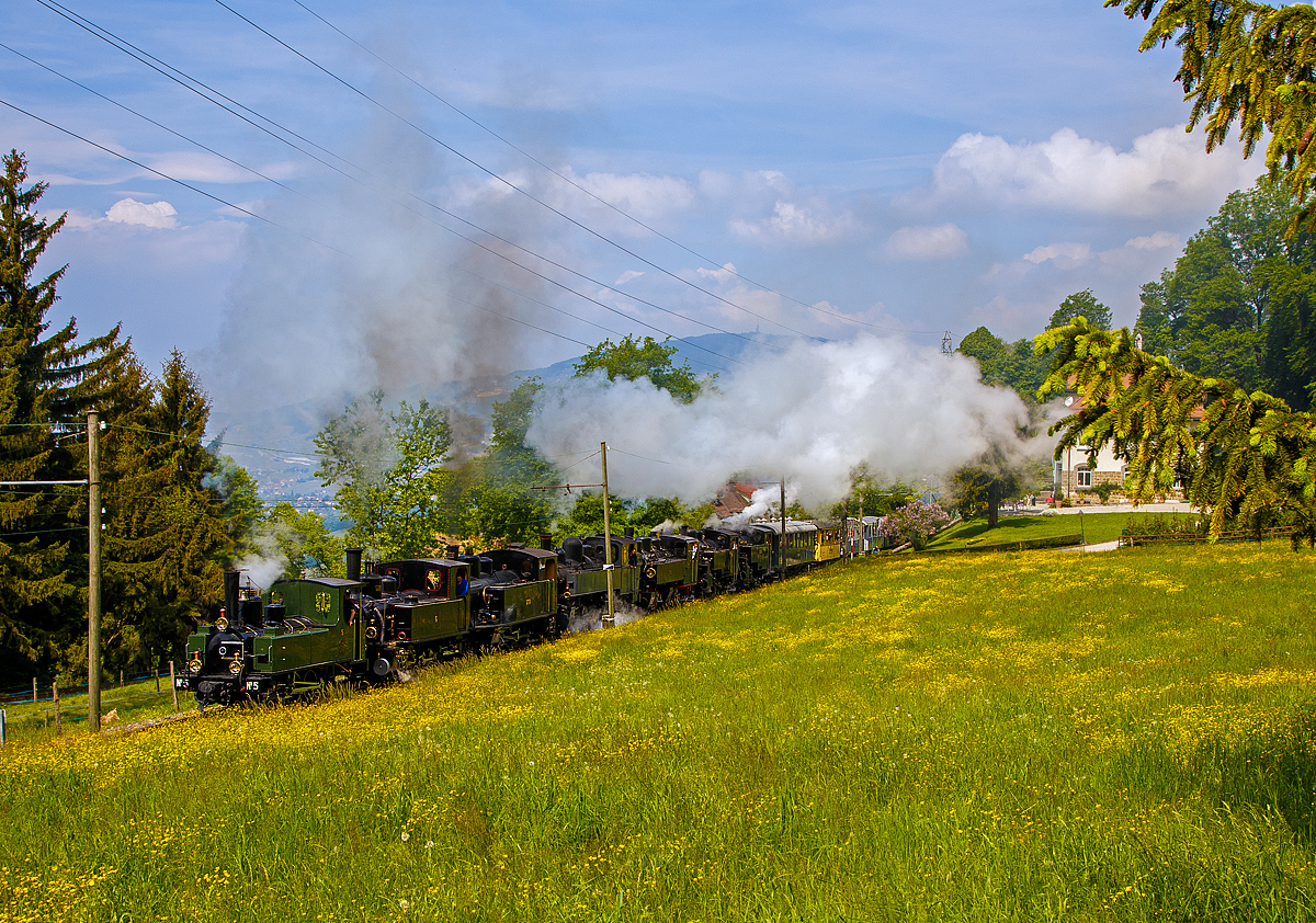 
50 Jahre BC - MEGA STEAM FESTIVAL der Museumsbahn Blonay–Chamby: Ein Höhepunkt war am Samstag (19.05.2018) der von gleich sieben Dampfloks gezogene Zug von Blonay nach Chamby, der hier nun bald Chamby erreicht. 

Die Loks (von vorne nach hinten) waren hier, 
- die G 3/3 LEB N° 5 (Bj. 1890), erhalten Sammlung B-C;  
- die G 3/3 BAM N° 6, teilw. auch als JS N° 909 beschildert (Bj. 1901), erhalten Sammlung B-C; 
- die G 3/4 SBB 208 (Bj. 1913) der Brünig Tallinie, erhalten durch die Ballenberg Dampfbahn;
- die G 2x 2/2 Malletdampflok CP  E 164 (Bj. 1905), ex Caminhos de Ferro de Portugal, erhalten durch La Traction SA; 
- die G 2x 2/2 Malletdampflok SEG 105  Todtnau  (Bj. 1918), erhalten Sammlung B-C; 
- die HG 3/4 - FO 4 (Bj. 1913), Furka-Oberalp-Bahn, erhalten durch die Dampfbahn Furka Bergstrecke, 
- sowie die HG 3/4 BFD N° 3, (Bj. 1913) ex Brig-Furka-Disentis (BFD), später FO, erhalten Sammlung B-C

Aber wie es Stefan schon schrieb, wären mir auch Züge mit einzelnen Dampfloks in kurzer Abfolge lieber gewesen.  
Auch wenn alle Loks unter Dampf standen, stellt sich mir die Frage ob alle gearbeitet haben. Denn das ist die hohe Kunst, sieben Loks in einen Gleichlauf zu bekommen und zu halten.   

Aber beeindrucken war es auf alle Fälle!!!