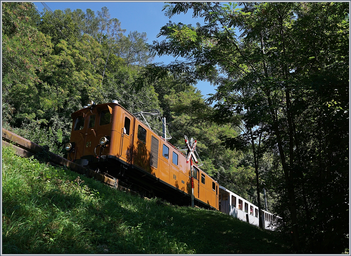 50 Jahre Blonay Chamby - MEGA BERNINA FESTIVAL: Knapp erwischt oder knapp verfehlt? Nun die Antwort kann sich der Betrachter selbst aussuchten. 
Nachdem ich die Ge 4/4 82 mit ihrem Riviera Belle Epoque kurz vor Sonzier fotografiert hatte, bemerkte ich erst auf halben Weg, dass ich sie nach der Schlaufenfahrt auch kurz nach Sonzier nochmals fotografieren könnte…
8. Sept. 2018